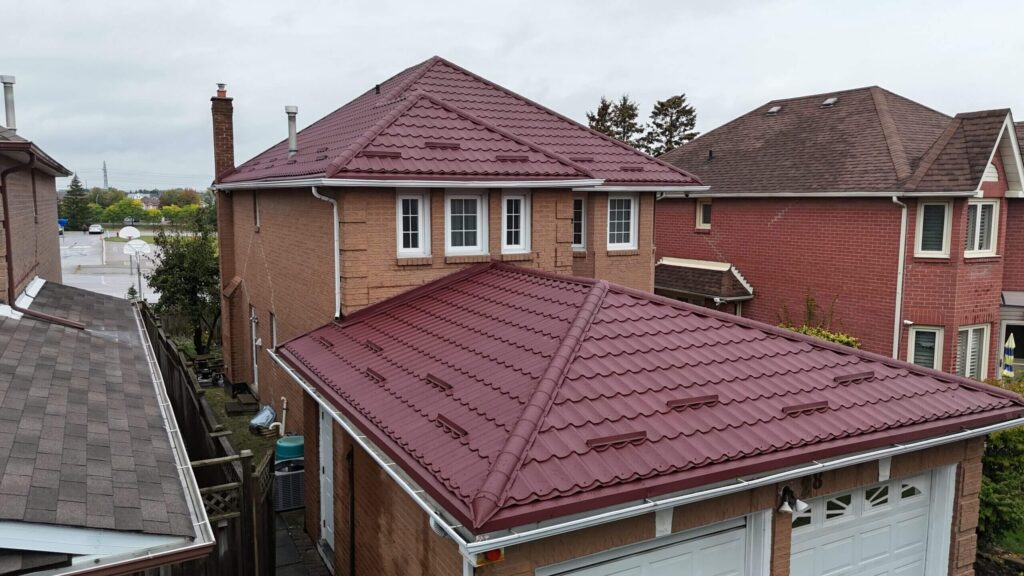 Brown metal tile roof on brick house VR Metal Roofing Toronto