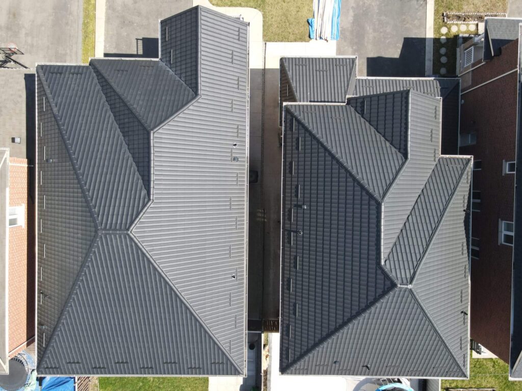 Grey metal tile roof aerial view GTA residential roofing