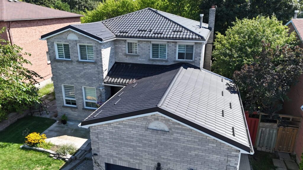 Metal tile roof installation on brick home Greater Toronto Area