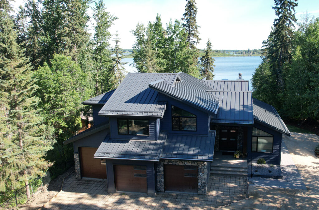 drone view dark roof near lake